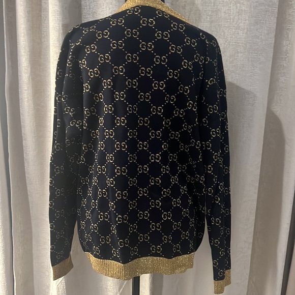 Gucci intarsia navy blue cardigan, gold metallic logo, thread, and trim - Picture 7 of 11